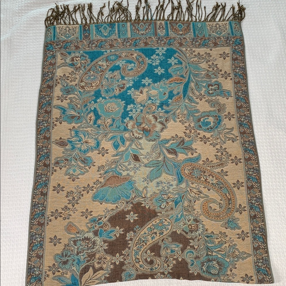 Teal, tan, and brown pashmina shawl/ scarf